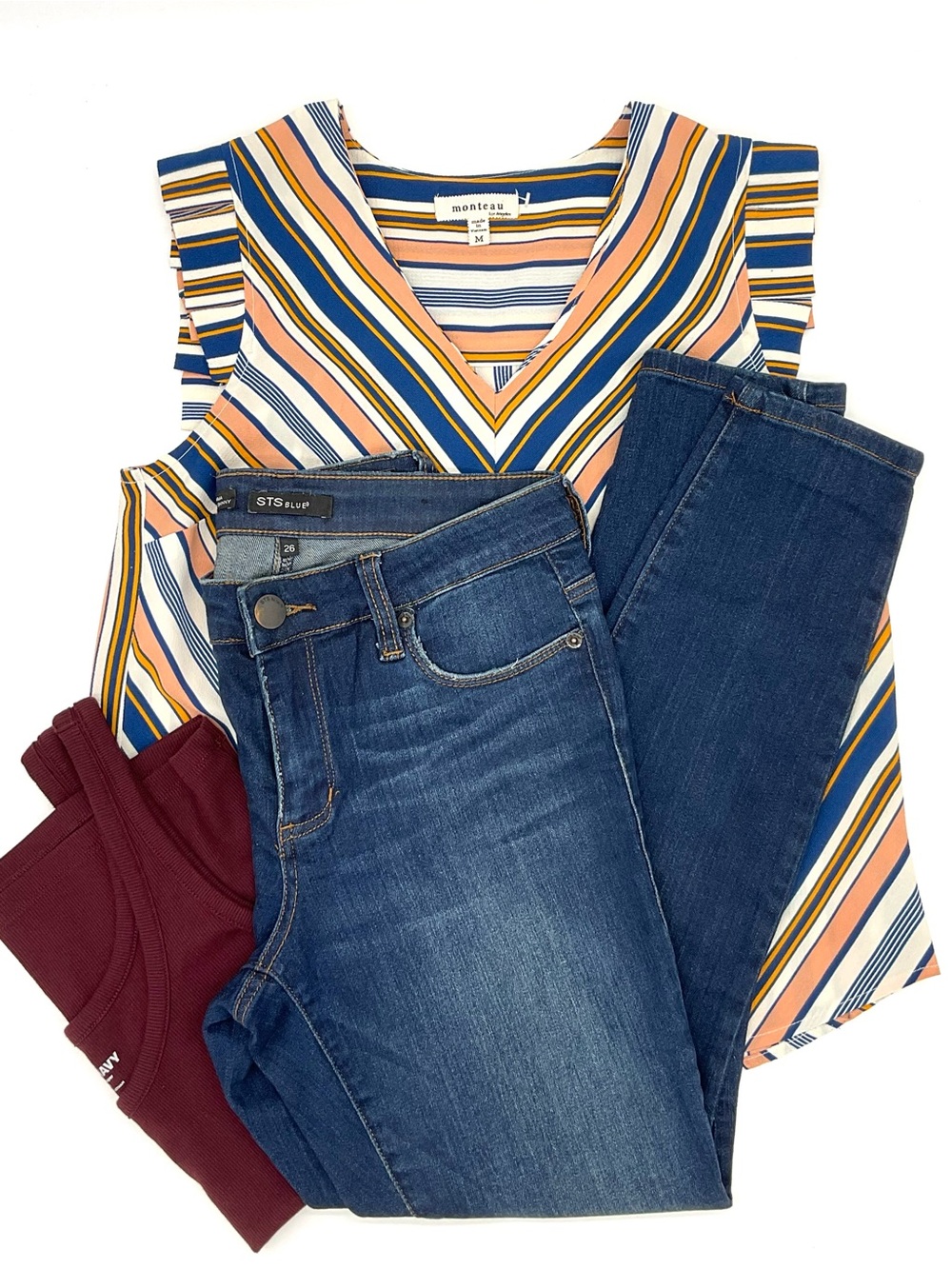 3 PC Bundle STS Blue Skinny Jeans, Stripe Monteau Top + Tank